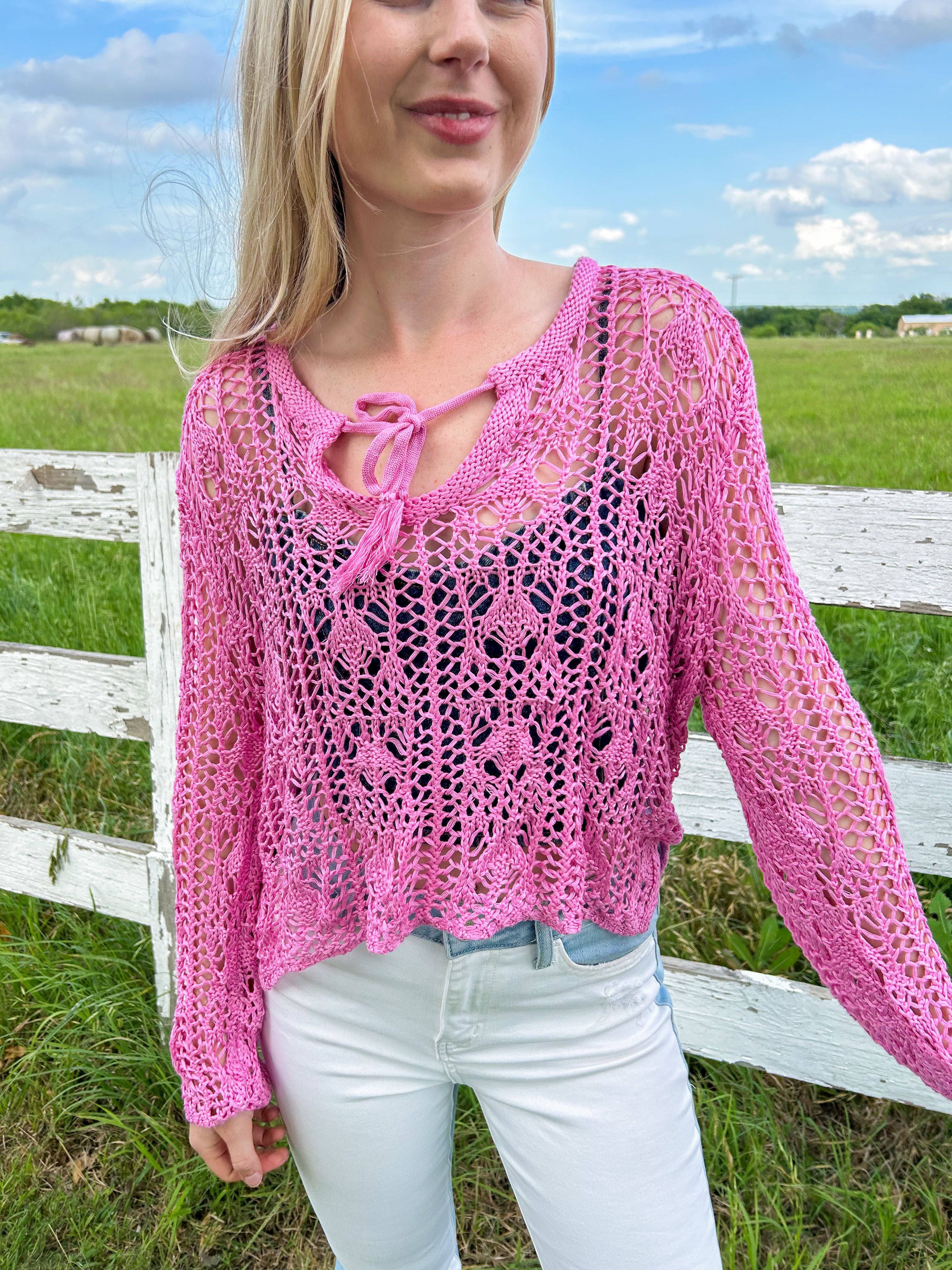 Pink Crochet Sweater Top - JD Ranch Boutique